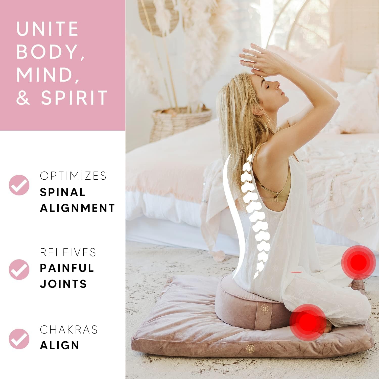 Velvet Zabuton Meditation Mat - Luxurious Meditation Cushion Floor Pillow - Zabuton Meditation Cushion Large - 100% Cotton Filling (Rose Quartz)