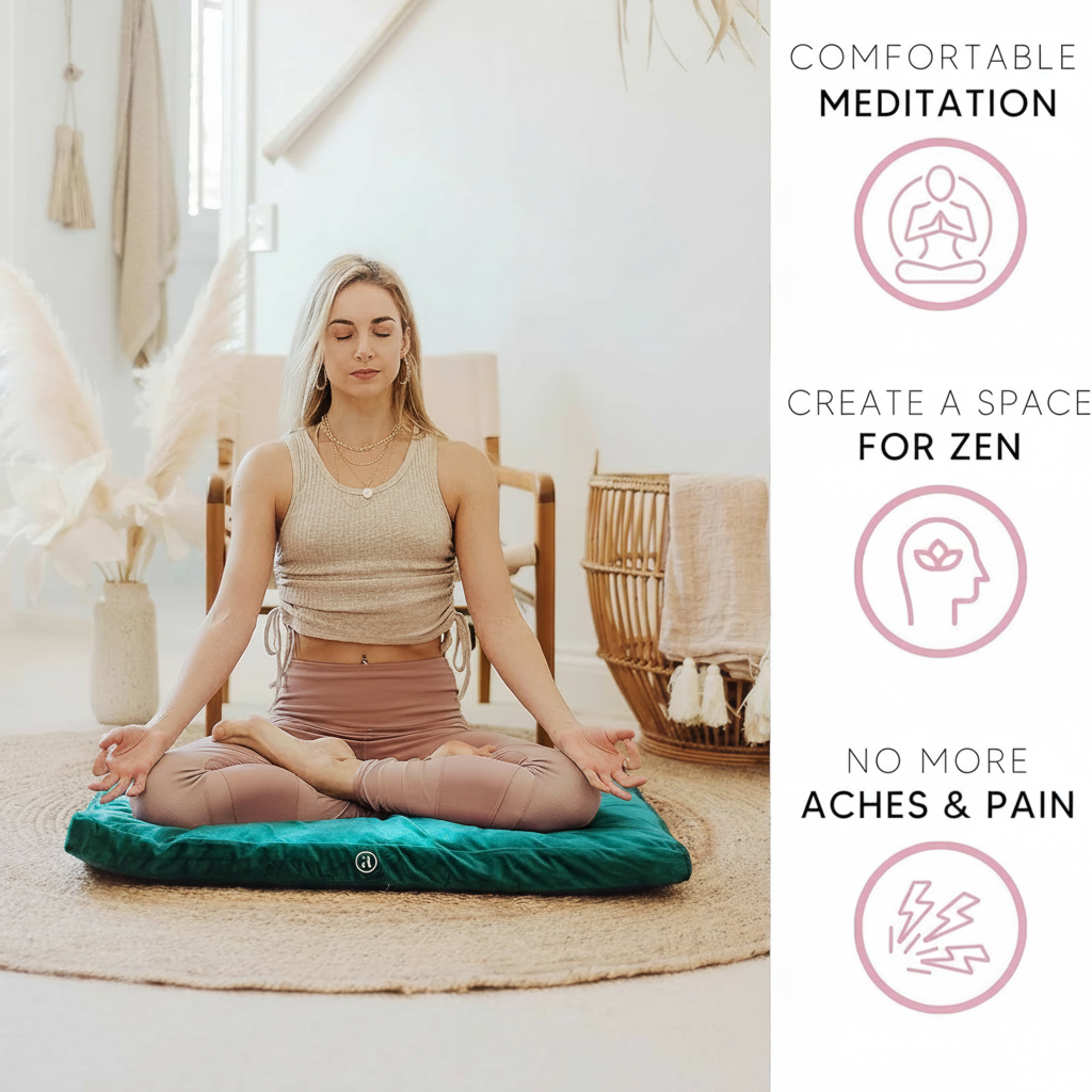 Velvet Zabuton Meditation Mat - Luxurious Meditation Cushion Floor Pillow - Zabuton Meditation Cushion Large - 100% Cotton Filling (Emerald)