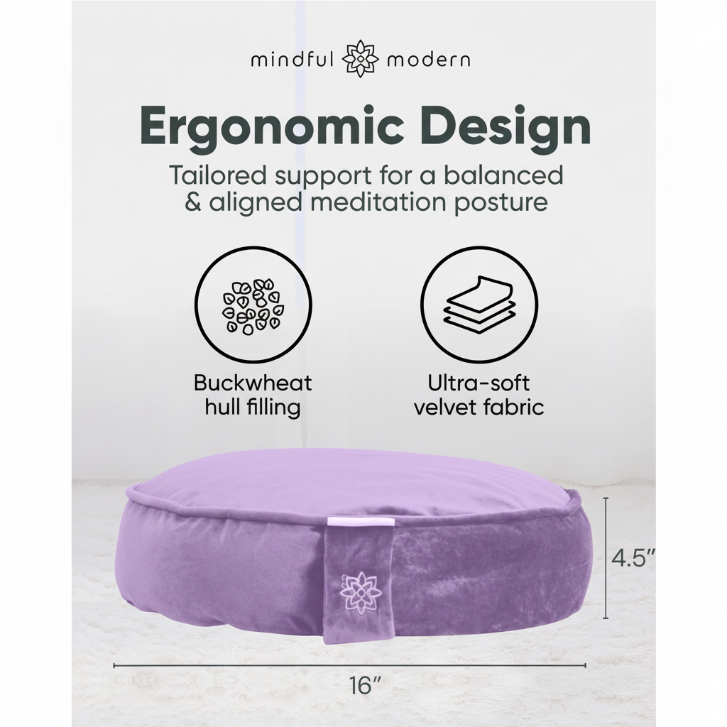 Velvet Meditation Cushion | Luxe Zafu Yoga Floor Pillow Seat | Posture Support | Buckwheat Hull Filled | Large round Cushion with Removable Washable Cover + Carry Handle