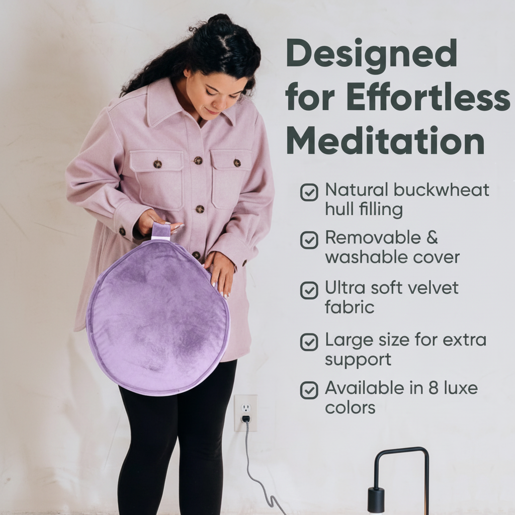 Velvet Meditation Cushion | Luxe Zafu Yoga Floor Pillow Seat | Posture Support | Buckwheat Hull Filled | Large round Cushion with Removable Washable Cover + Carry Handle