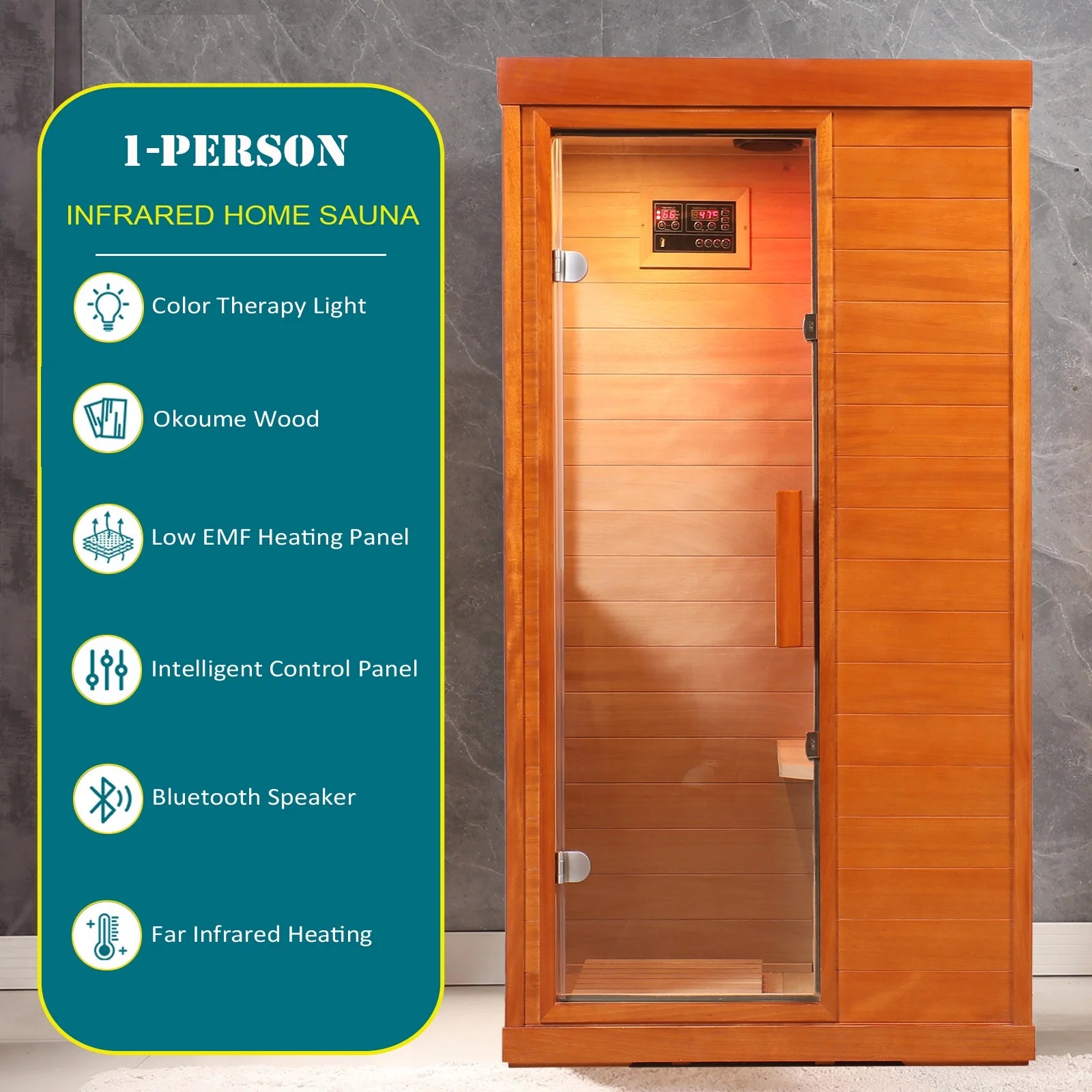 Dry Sauna for Home, 1120W Far Infrared Saunabox with 7-Color Therapy Light, 1-Person Indoor Sauna Room W/ Red Light Therapy, Bluetooth Audio, LED Reading Light, 77-140℉, Multi-Function Settin